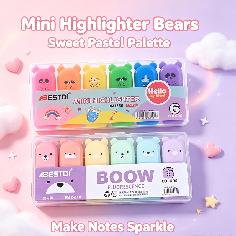 Pastel Highlighter Set Double Ended - Kawaii Ayı Desenli Fosforlu Kalem Seti,